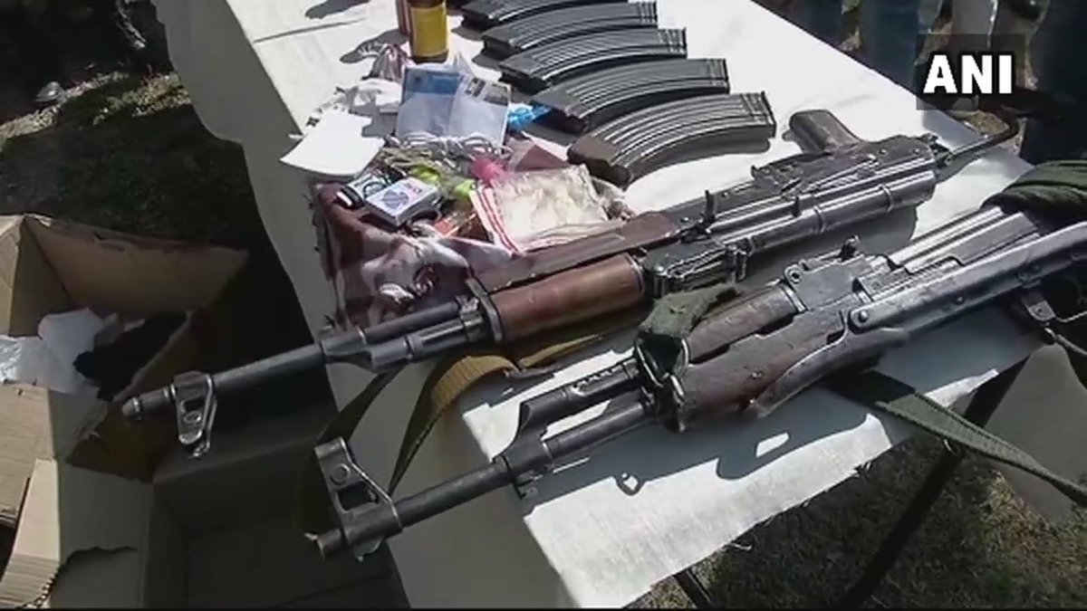 Visuals of arms and ammunition recovered during encounter in Bandipora's Hajin where 2 LeT militants were killed and 2 IAF personnel lost their lives