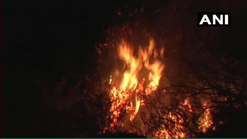 Rajouri: Fire broke out in Qila Darhal forest area. Fire officials and officials from Forest Protection Department present at the spot