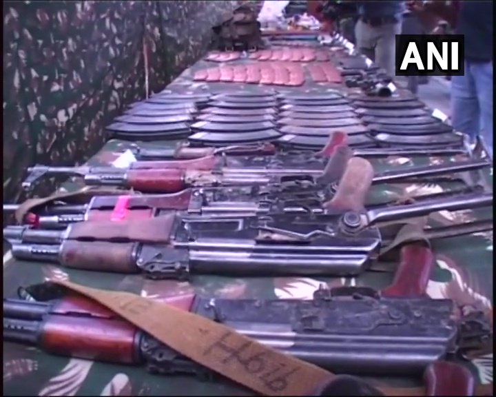 Kupwara: Visuals of large cache of arms and ammunition recovered after security forces foiled an infiltration bid in Keran Sector of Kupwara yesterday. Six militants were gunned down in the operation