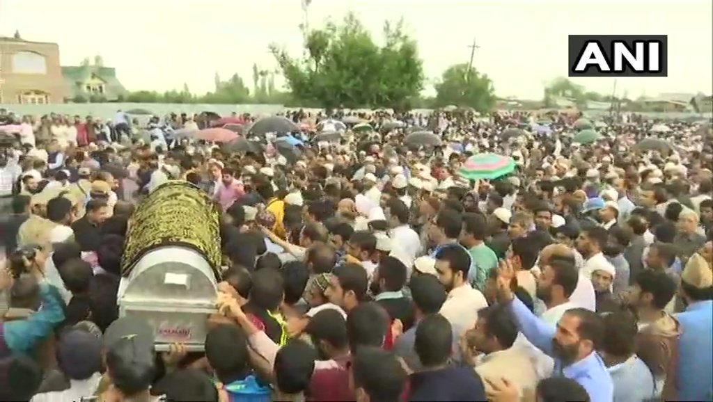 Jammu and Kashmir: Last rites ceremony of Rising Kashmir editor Shujaat Bhukhari, in Baramulla. He was shot dead by militants in Srinagar last night
