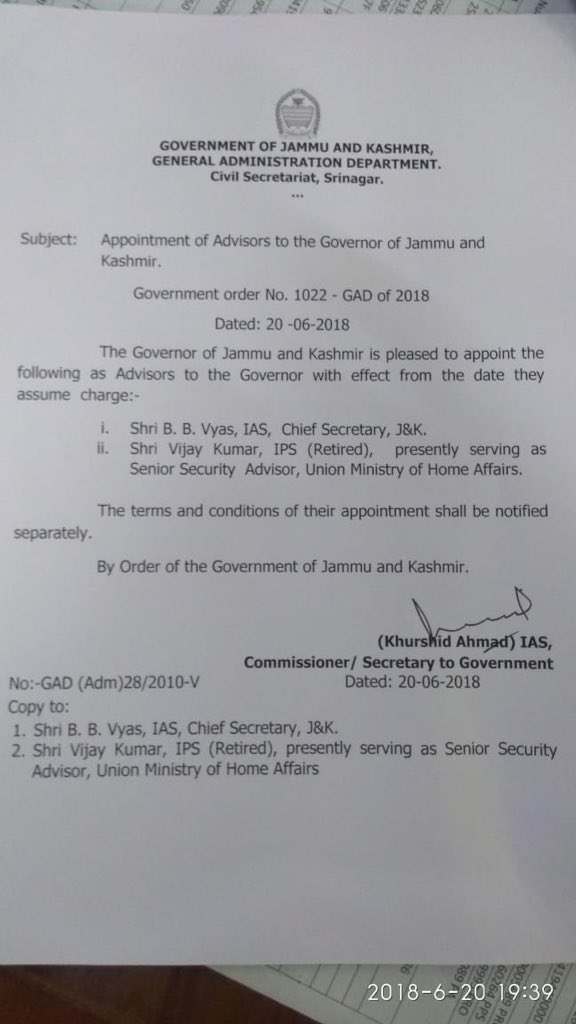 Governor J&K NN Vohra gets two key advisors BB Vyas and Vijay Kumar for governance in the state of Jammu and Kashmir.   