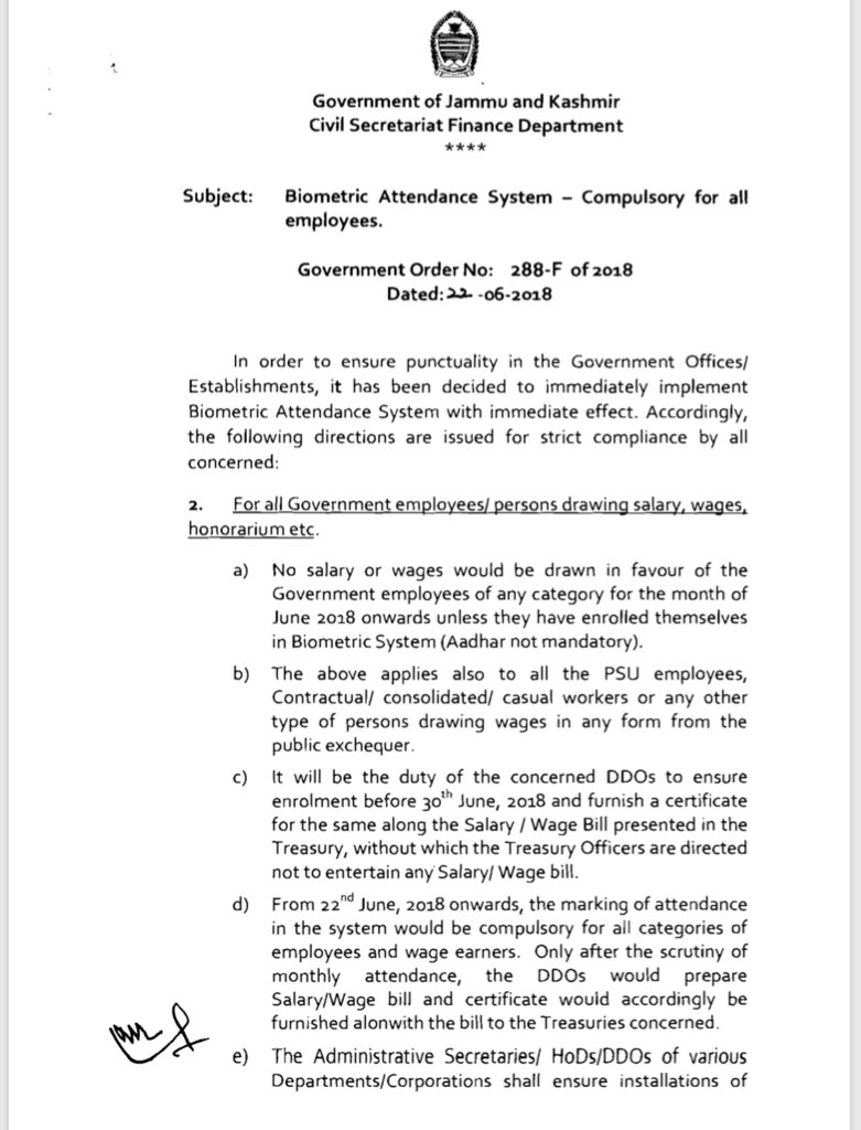 J&K Governor NN Vohra clearly means business, makes Biometric Attendance system mandatory from June. No salary would be drawn in favour of Govt employees if they don't get enrolled in Biometric System. Shocking to see that successive state Govts in J&amp;K did not implement it