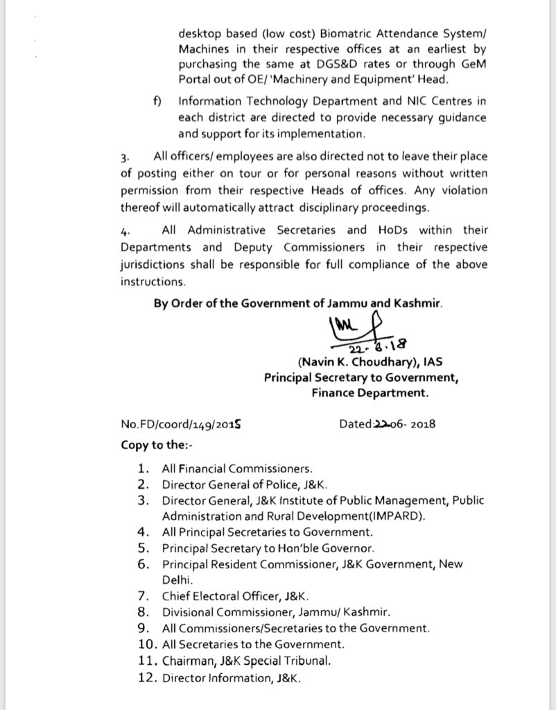 J&K Governor NN Vohra clearly means business, makes Biometric Attendance system mandatory from June. No salary would be drawn in favour of Govt employees if they don't get enrolled in Biometric System. Shocking to see that successive state Govts in J&amp;K did not implement it