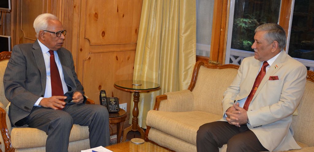 Army Chief General Bipin Rawat meets Governor N.N. Vohra in Srinagar. Governor and Army Chief discussed the external security environment, challenges of counter terror operations in the hinterland and the arrangements for the safe conduct of forthcoming Amarnath Yatra in Kashmir.   