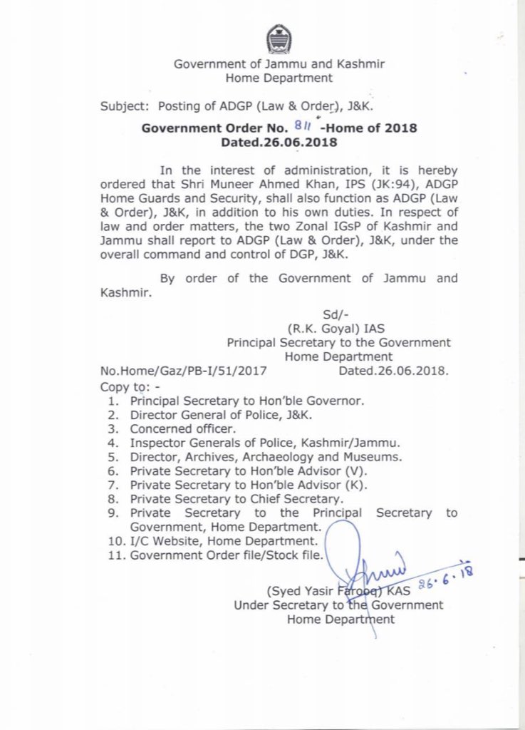 Additional DGP J&K Police @munirkhan_ips given responsibility of Law and Order as well