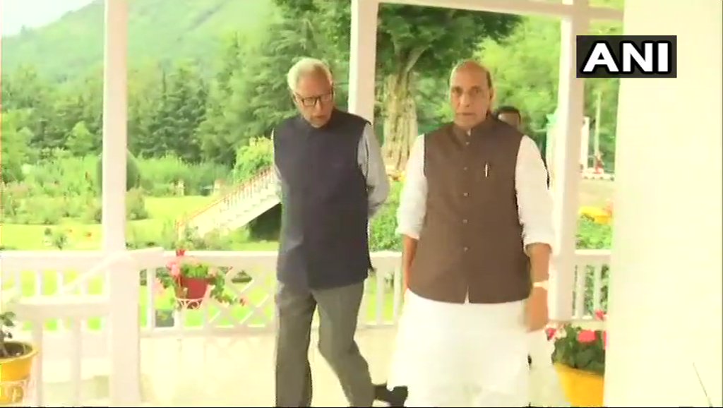 Home Minister Rajnath Singh meets Jammu And Kashmir Governor NN Vohra in Srinagar. He will visit Amarnath cave shrine tomorrow