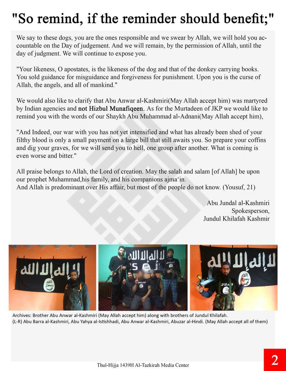 Kashmir un communiqué d'Abou Jundal al-Kashmiri porte parole de Jund al-Khilafah Kashmir confirme la mort d'Asif Nazir Dar (Abou Anwar al-Kashmiri) le désignant comme l'émir du groupe   