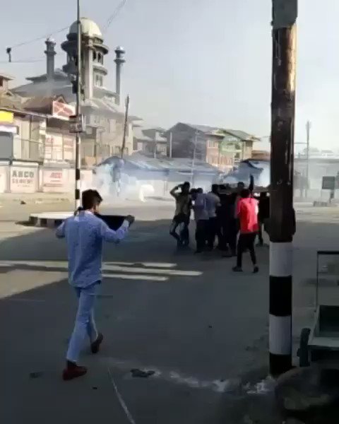 Indian forces fired tear gas at mourners carrying the body of a Kashmiri civilian, who was shot dead by Indian troops today in Noorbagh, Srinagar.  