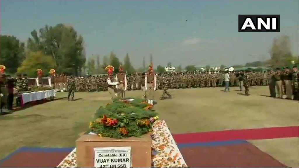 Srinagar: Wreath-laying ceremony of Sashastra Seema Bal (SSB) constable Vijay Kumar who lost life in an attack on a security force establishment in Tral's Midoora yesterday   