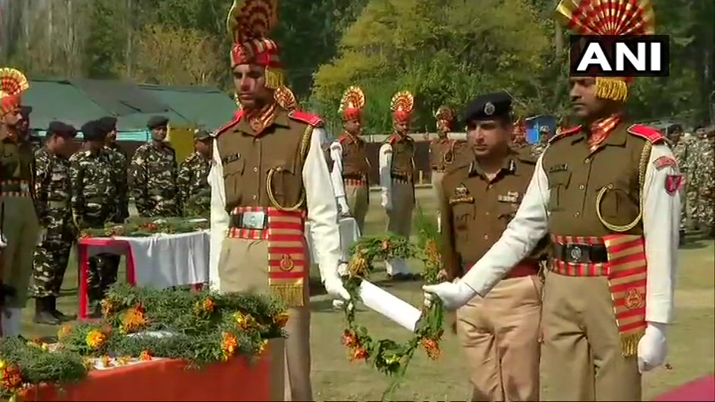 Srinagar: Wreath-laying ceremony of Sashastra Seema Bal (SSB) constable Vijay Kumar who lost life in an attack on a security force establishment in Tral's Midoora yesterday   