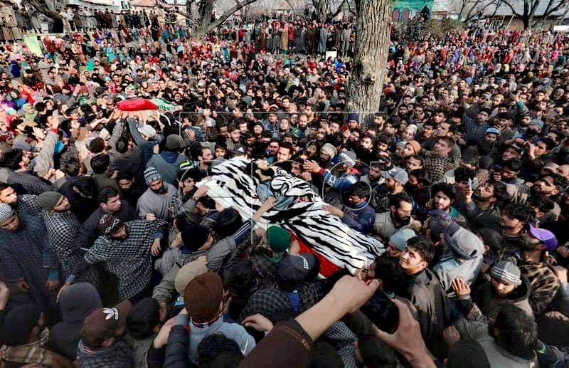 Photos from the funeral of six al-Qaeda linked Ansar Ghazwatul Hind militants killed by Indian forces in Kashmir. 
