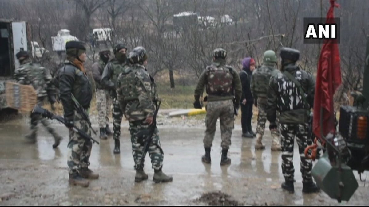 Visuals from J&K: An encounter broke out earlier today between militants and security forces in Orchards of Heff Shirmal in Zainapora, Shopian. (visuals deferred by unspecified time)   