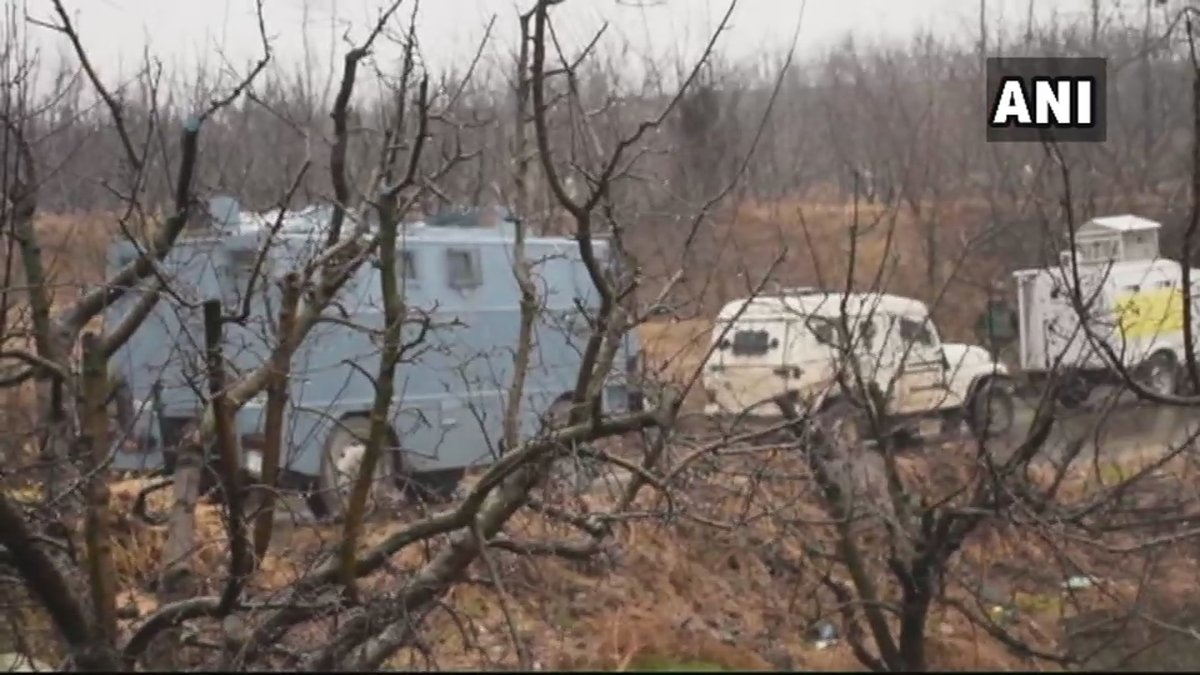 Visuals from J&K: An encounter broke out earlier today between militants and security forces in Orchards of Heff Shirmal in Zainapora, Shopian. (visuals deferred by unspecified time)   