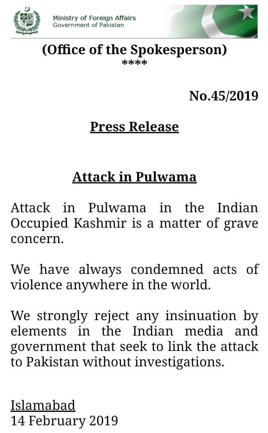 Pakistan Govt issues fresh statement on Pulwama terror attack in Kashmir within 30 minutes of the first statement at 12:16am IST with changes in language. Indian Occupied Kashmir becomes Indian Occupied Jammu and Kashmir. 