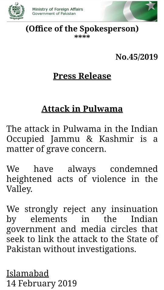Pakistan Govt issues fresh statement on Pulwama terror attack in Kashmir within 30 minutes of the first statement at 12:16am IST with changes in language. Indian Occupied Kashmir becomes Indian Occupied Jammu and Kashmir. 