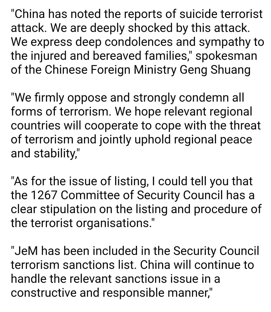 China condemns Pulwama attack, gives no assurances to India on UNSC 1267 listing of Jaish e Mohammad chief Masood Azhar, even as it says JeM is on the terror sanctions list.   