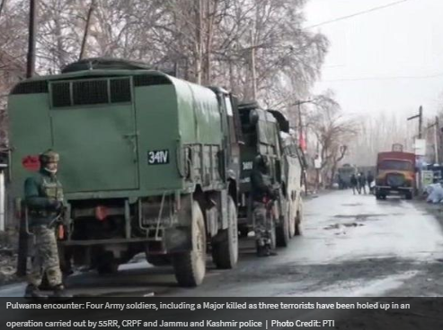 Four soldiers have been killed in an encounter with three militants in Pinglin village of Pulwama district in South Kashmir. The operation comes days after the Pulwama attack that killed 40 CRPF soldiers   