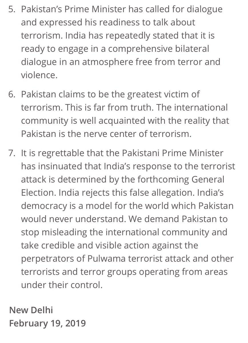 Indian Govt statement on Pakistan PM Imran Khan's statement earlier today on PTV on Pulwama terror attack. 7 point rebuttal from India says, Promises of 'guaranteed action' ring hallow given the track record of Pakistan