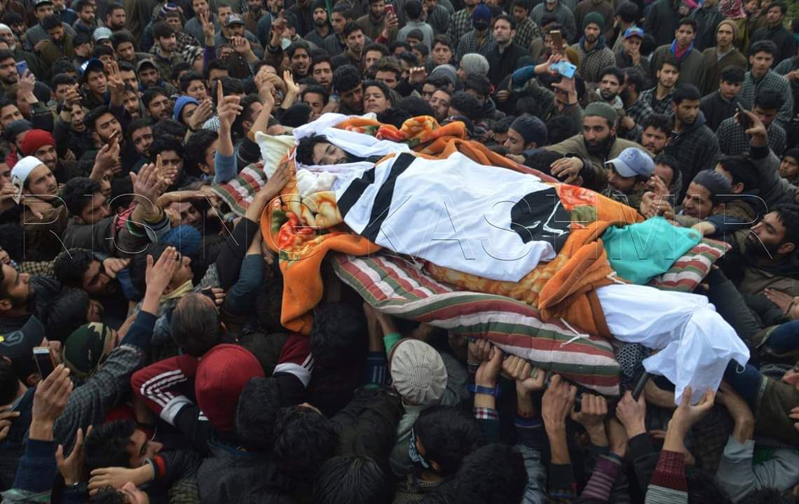 Photos from the funeral of a local Jaish-e-Mohammed (JeM) militant killed in Kulgam yesterday along with two other militants.