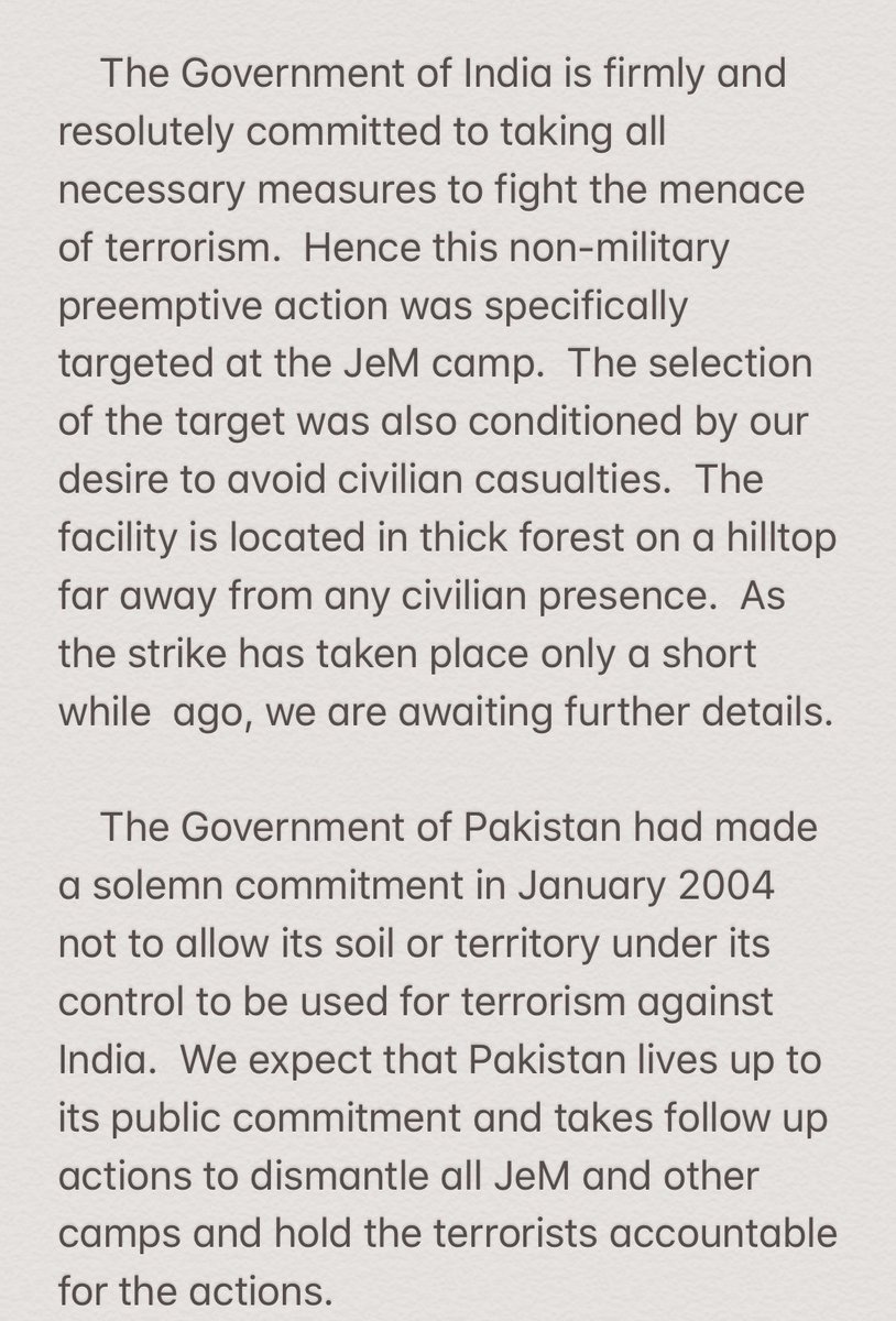 Full text of the Indian Foreign Secretary's statement in India's air strikes in Balakot (Pakistan, not Pakistan controlled Kashmir).