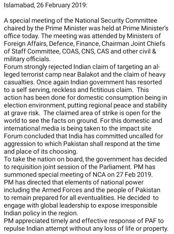 Here's the full statement from Pakistani side.   