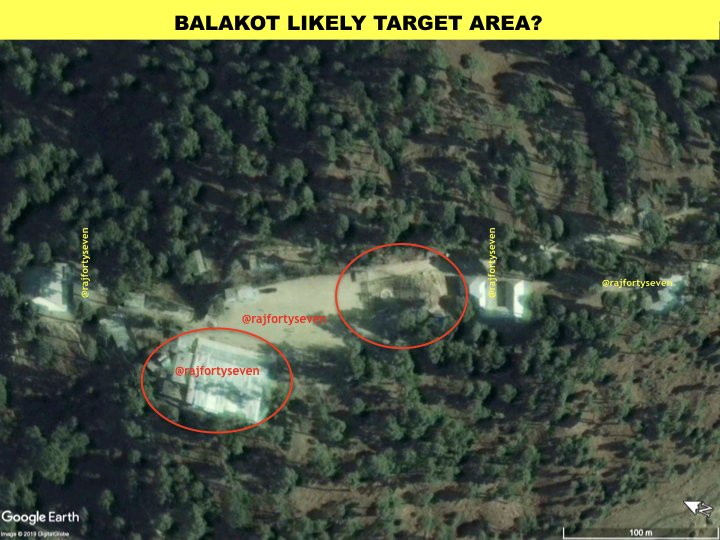 Possible target on Indian strikes identified atop of hill Jabba Top: Large JEM training facility with 45mX30m main barrack+many hidden barracks under dense foliage