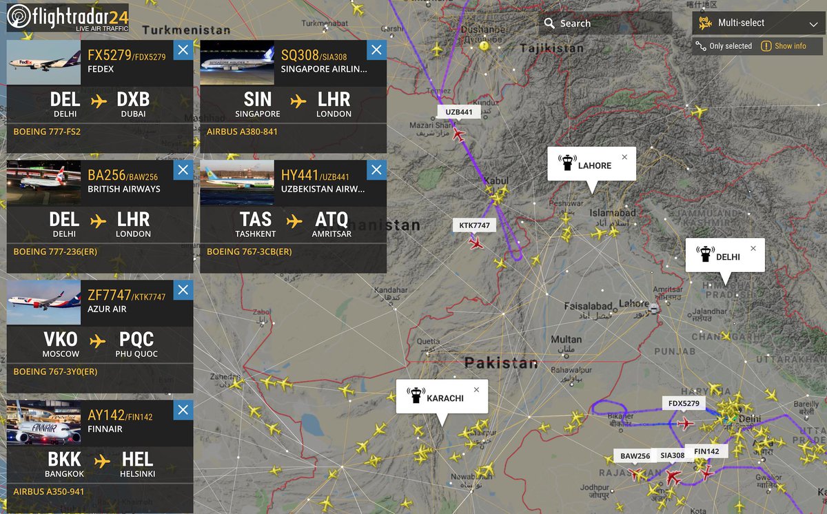 International flights that transit between Indian and Pakistani airspace   being affected. Some flights returning to origin, while others appear to be seeking alternate routing.      