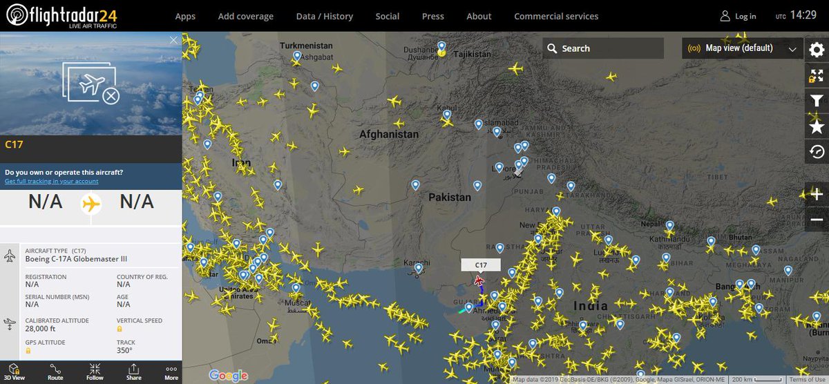 7:32 PM PST- 27/2/2019 Indian Boeing c-17a globemaster III flying near Pakistan border. Pakistan and North Indian airspace still closed for Int flights