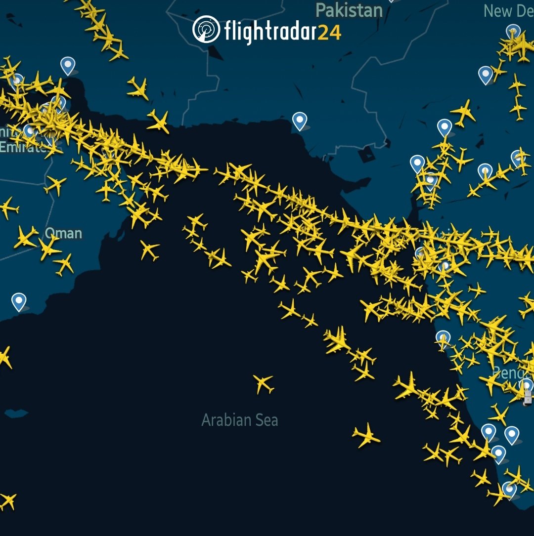 All civilian flights diverted through the Arabian Sea.   