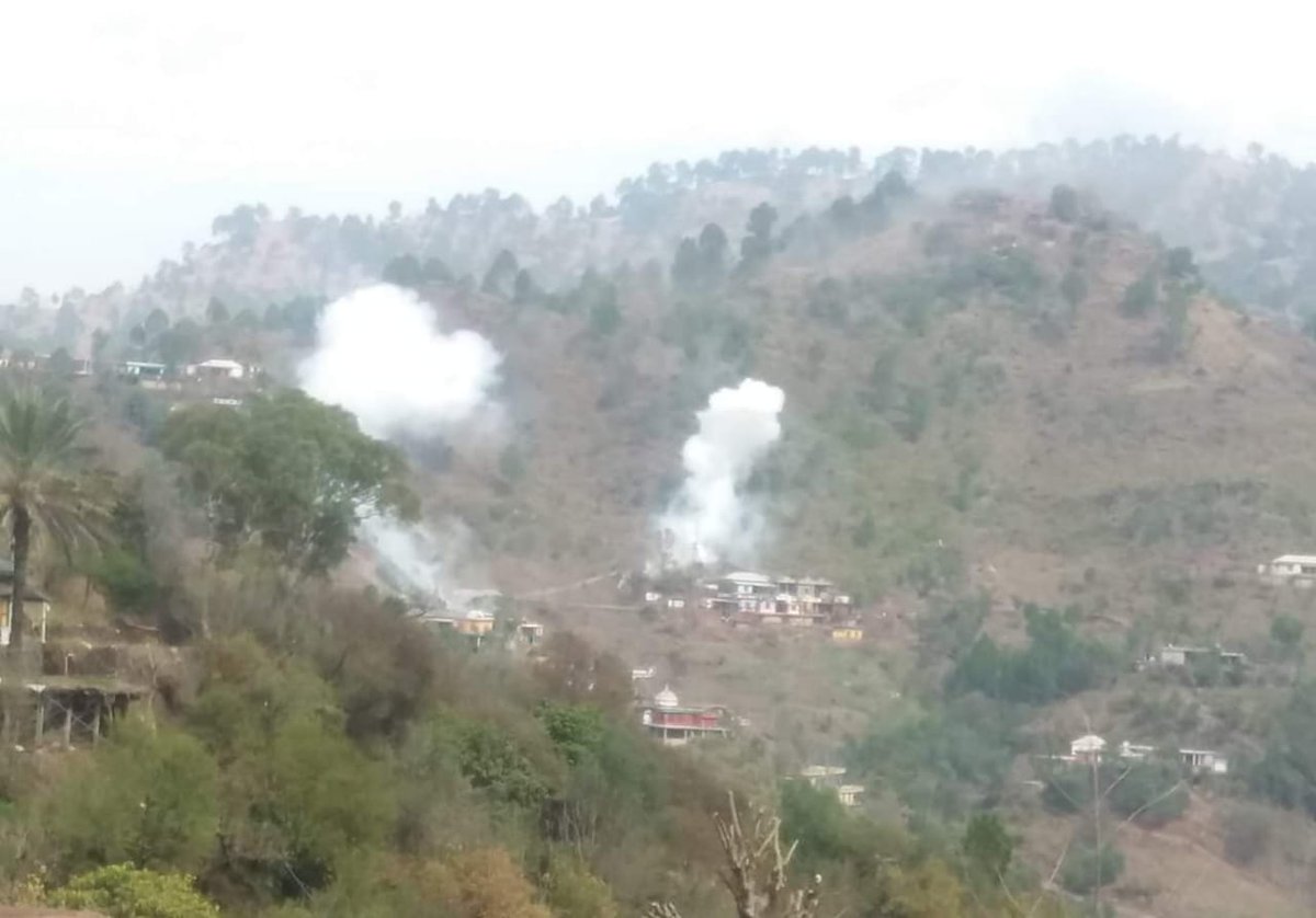 Smoke rise after Shelling by Indian Army on Sehmani Bandala Sector Near LOC Pakistan administered Azad Jammu Kashmir