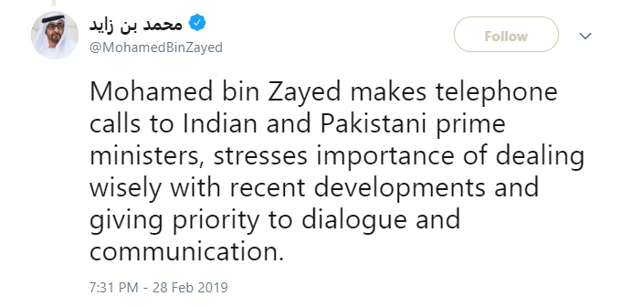 UAE Prince dials PM Modi, Imran Khan, pitches for peace after India-Pak escalation in tensions   