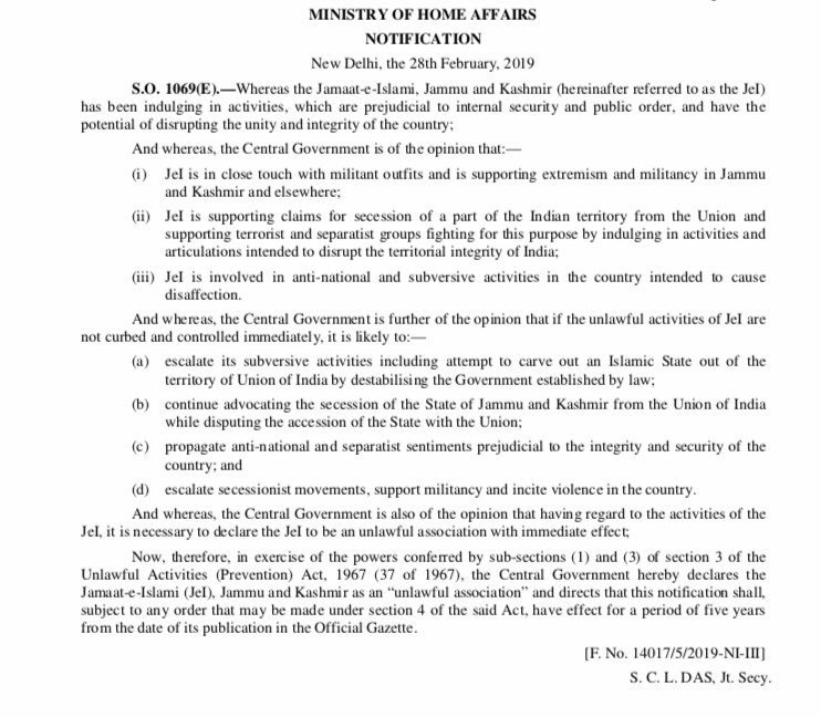 India has banned Jamaat e Islami, Jammu and Kashmir alleging it for involvement in articulation to disrupt the territorial integrity of India.   