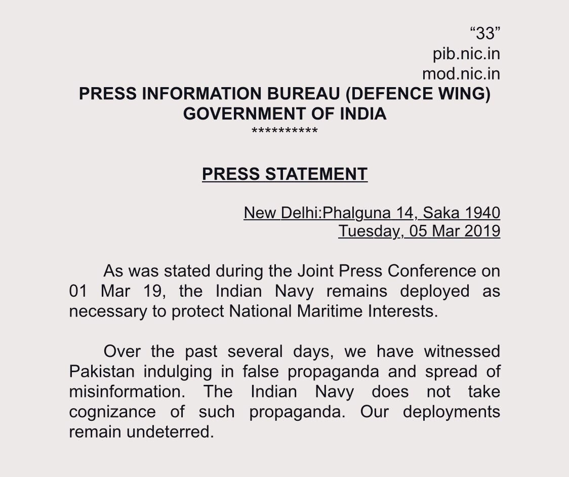 .@IndianNavy statement in response to Pak Navy claims of spotting Indian submarine last night.   