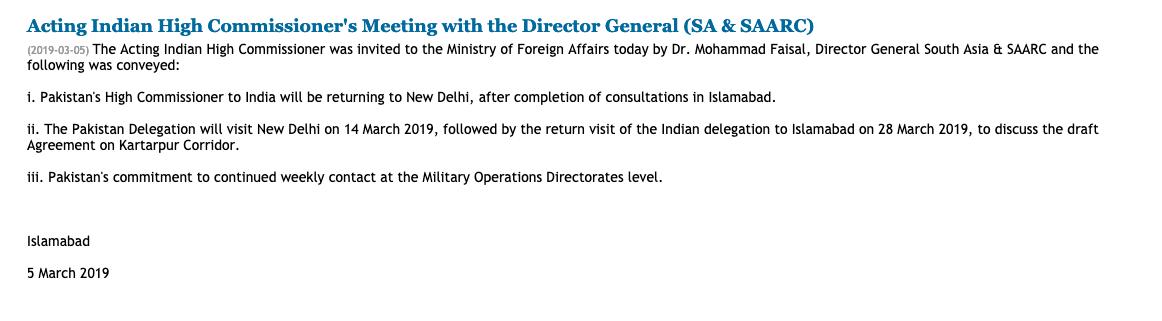 Pakistan announces that Pakistani high comissioner Sohail Mehmood is returning back to Delhi. He had been called back after Indian ambassador return to for consultations Delhi after Pulwama attack