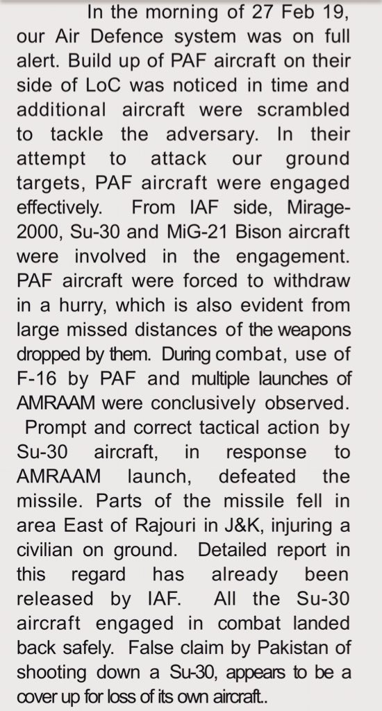 The Indian Air Force has just put out a statement that adds significant detail to the aerial warfare over the Line of Control on Feb 27.   