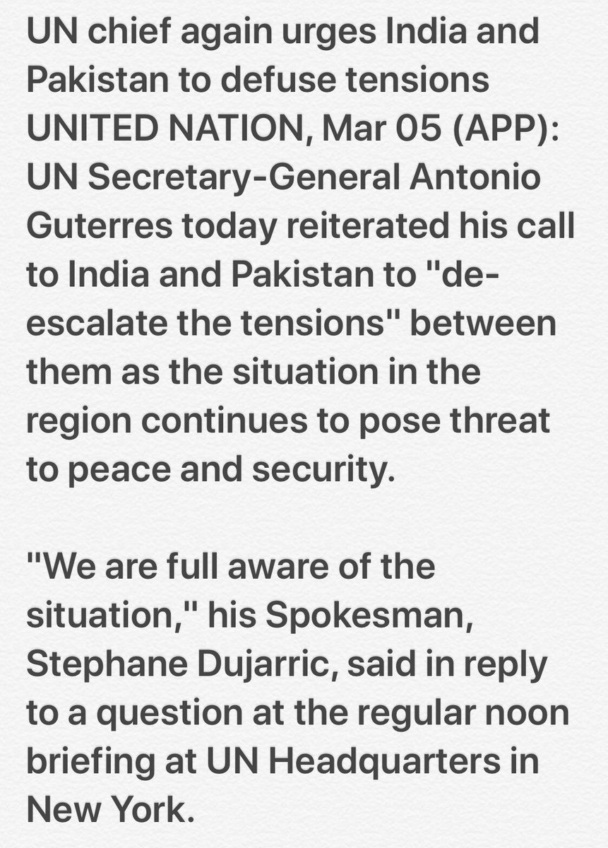 UN Secretary General again called on India and Pakistan to de-escalate