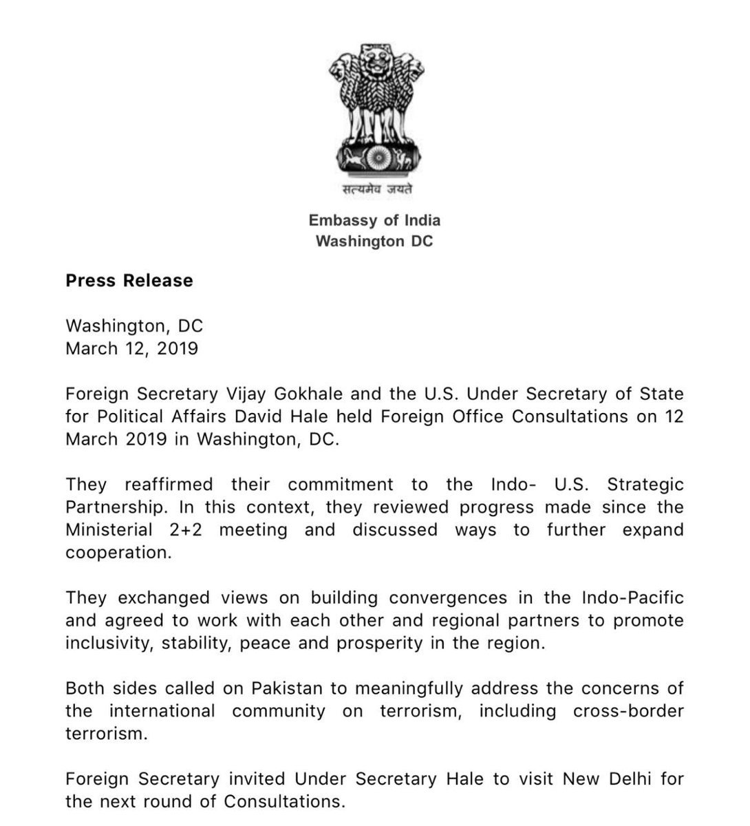 India's Foreign Secretary Vijay Gokhale meets US Under Secretary of State for Political Affairs David Hale. India-US review progress on Ministerial 2+2 meet and ways to expand it. India-US call on Pakistan to meaningfully address concerns on cross border terror.