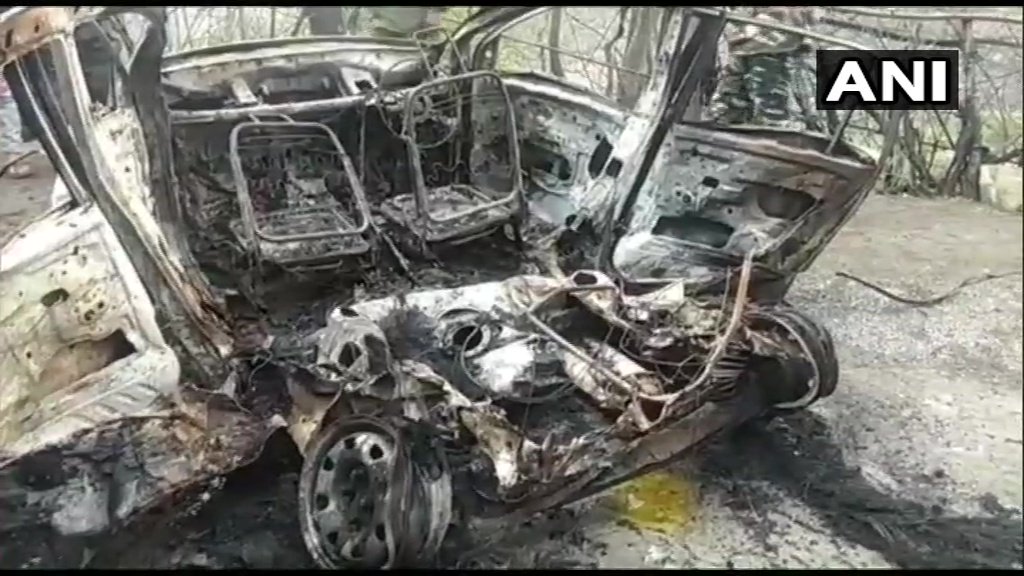 J&K: More visuals from Banihal, Ramban where an explosion occurred in a car. CRPF sources say 'prima facie blast in the car seems to be a cylinder explosion, CRPF convoy was at a significant distance from explosion site, does not appear to be an attack. Investigations on.'   