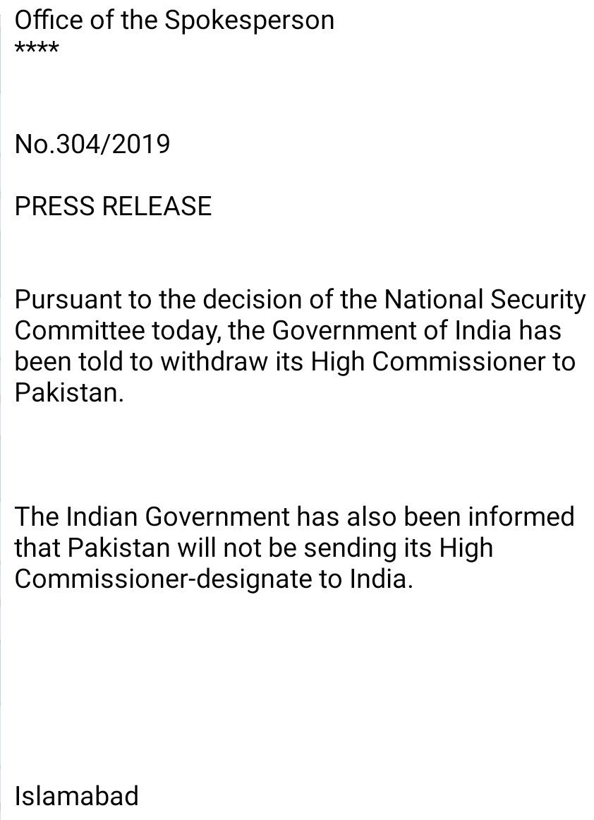 India's press statement on Pakistan's decision to downgrade diplomatic ties- The Government of India regrets the steps announced by Pakistan yesterday and would urge that country to review them so that normal channels for diplomatic communications are preserved.