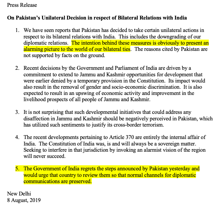 India regrets Pakistan's steps (that include downgrading of ties) and urges them to review them, so that diplomatic channels remain open. India says that intention behind these measures is obviously to present an alarming picture to the world of our bilateral ties
