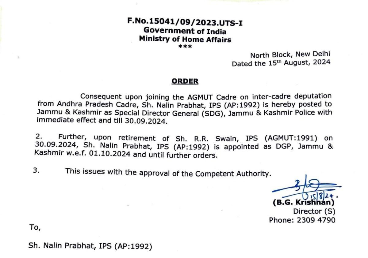 Senior IPS Officer Nalin Prabhat (AP:1992) appointed as the next DGP of Jammu & Kashmir from 1st October 2024 upon retirement of R.R. Swain