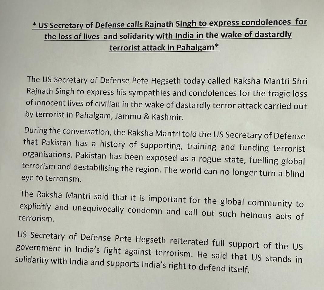 Pakistan has been exposed as a rogue state, fuelling global terrorism and destabilising the region. The world can no longer turn a blind eye to terrorism, Indian Defence Minister Rajnath Singh tells US Defence minister as both discuss Pahalgam terror attack