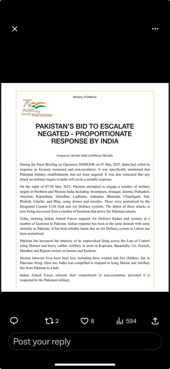 India claims its armed forces targeted Pakistan's Air Defence Radars and systems at a number of locations on Thursday. It has been reliably learnt that an Air Defence system at Lahore has been neutralised, asserted an official Indian statement. It came just hours after the Pakistani military confirmed a drone attack on a defense installation near Lahore, saying it partially damaged the facility and resulted in injuries to four soldiers