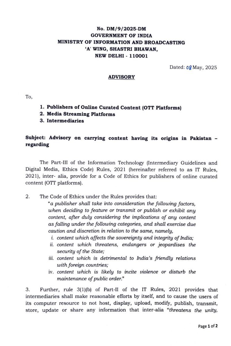 Indian govt issues advisory for media over carrying content having its origins in Pakistan