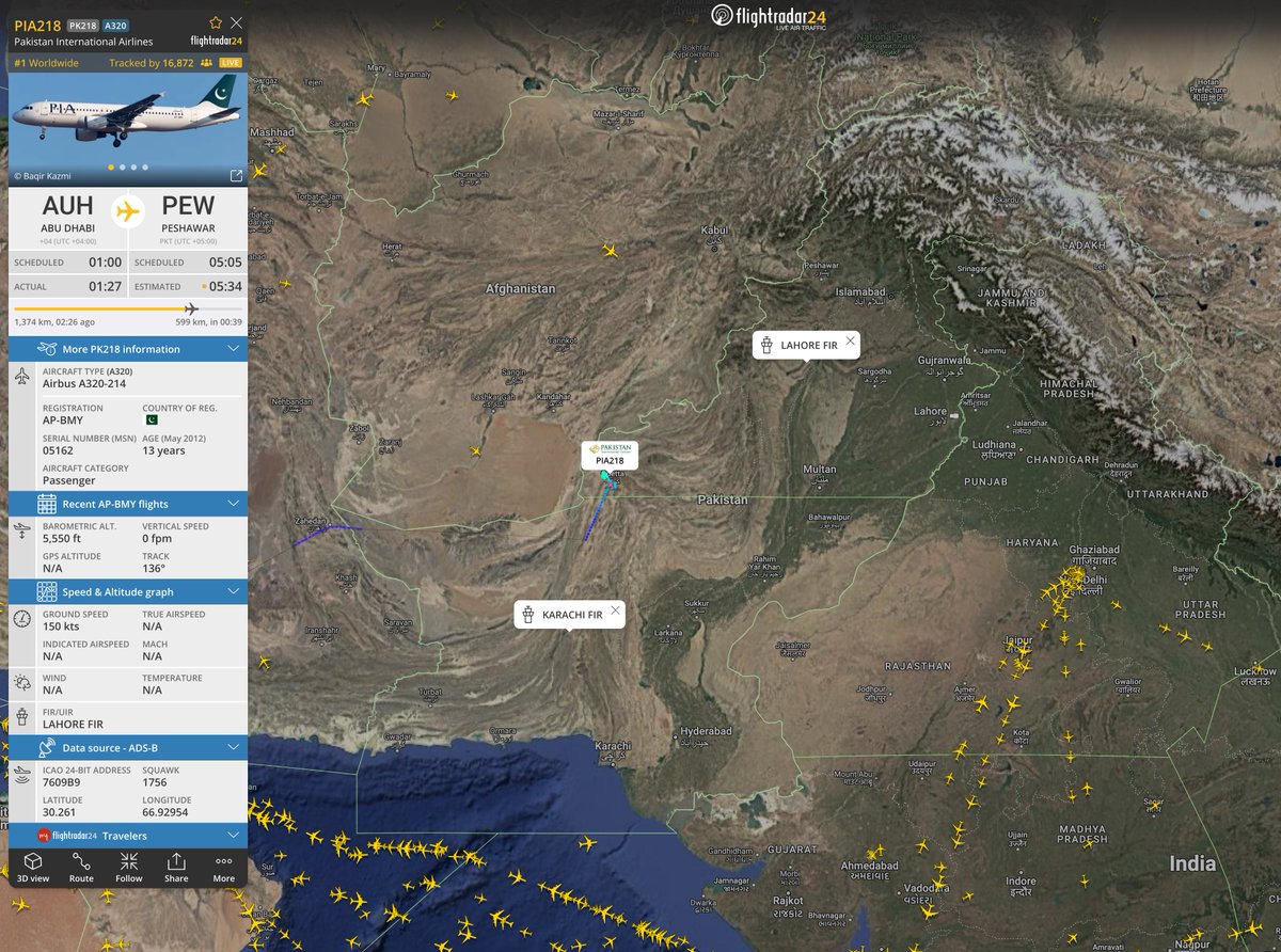 Volgens NOTAM is het luchtruim in Pakistan nu gesloten voor alle verkeer. A) OPKR OPLR B) 2505092215 C) 2505100700EST E) Het luchtruim in Pakistan blijft gesloten voor alle soorten TFC). PK218 lijkt de laatste vlucht te zijn die is toegestaan in