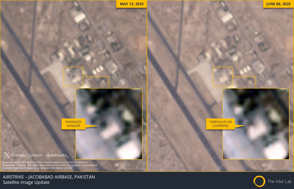Recent imagery from Jacobabad Airbase, Pakistan indicates that the hangar damaged in the Indian airstrike is now covered with tarpaulin/some other covering possibly signaling repair activity/restoration is now underway