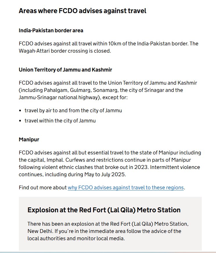 UK issues travel advisory against all travel to parts of India, following an explosion at the Red Fort (Lal Qila) Metro Station.  FCDO advises against all travel within 10km of the India-Pakistan border